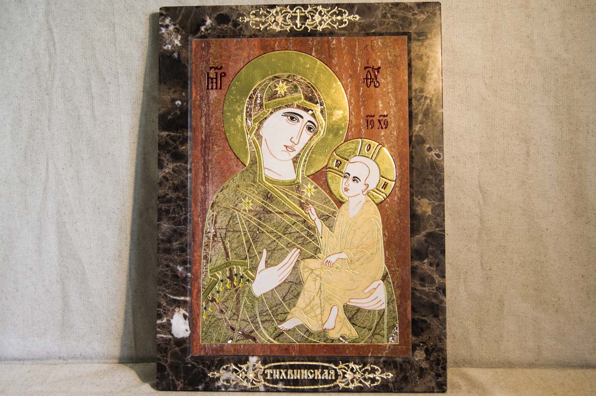 Икона Тихвинской Божьей Матери № 1/12-1 из мрамора, изображение, фото 1