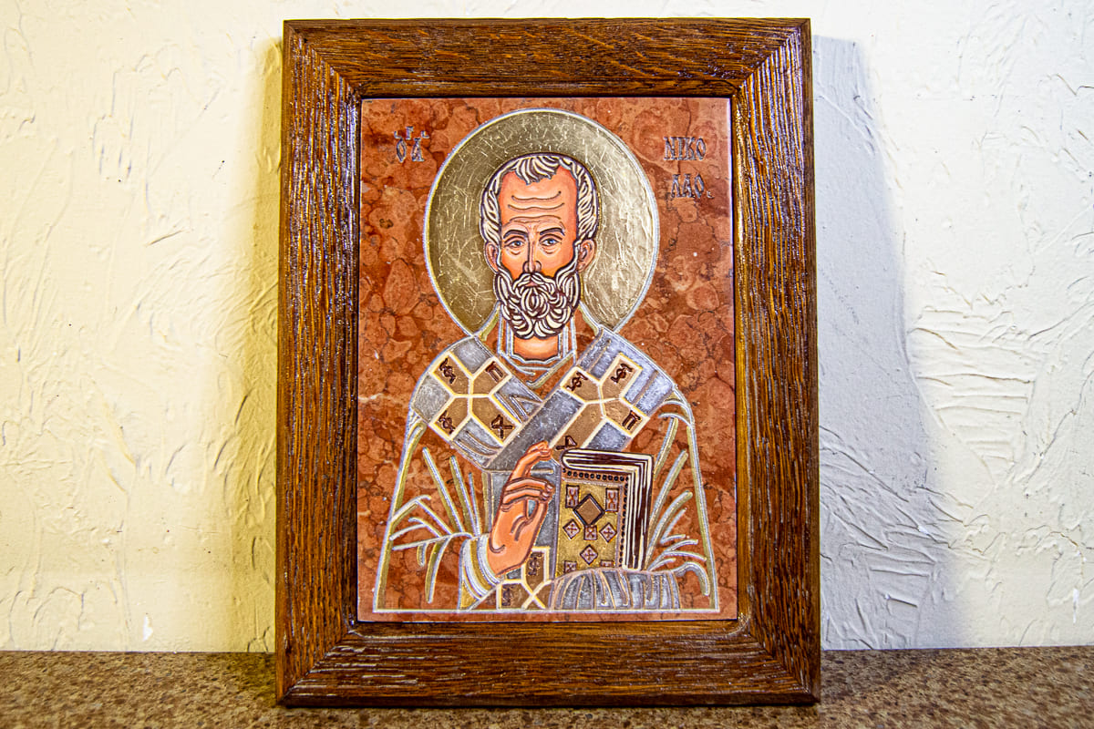 Икона Николая Угодника № 28 на мраморе, малая, подарочная, именная, изображение, фото 1
