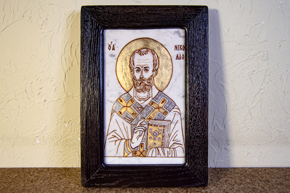  Икона Николая Угодника № 5-26 на мраморе, малая, подарочная, именная, изображение, фото 1