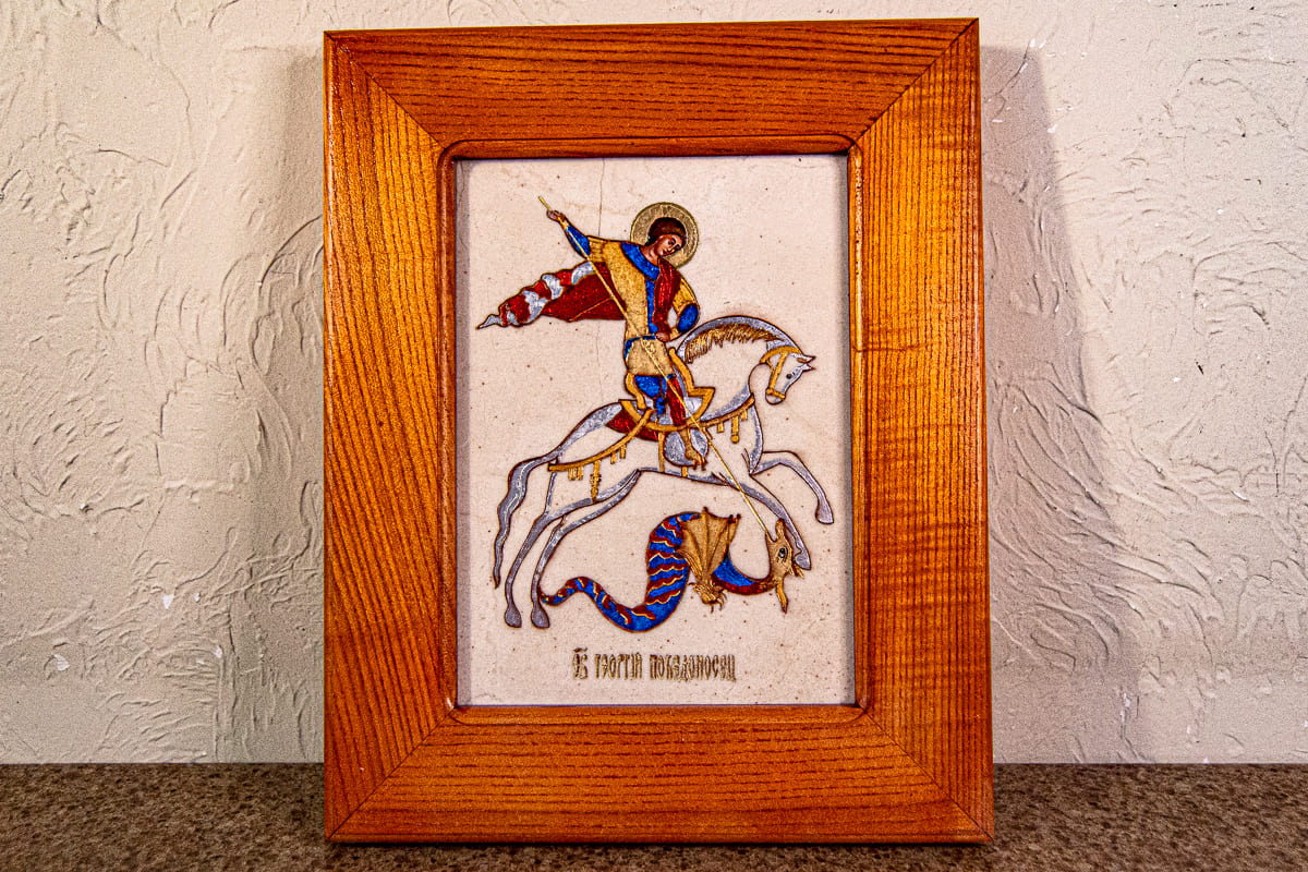 Икона Святого Георгия Победоносца № 01 из мрамора на коне, изображение, фото 1