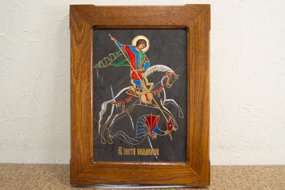 Икона Святого Георгия Победоносца № 05 из мрамора на коне, изображение, фото 1