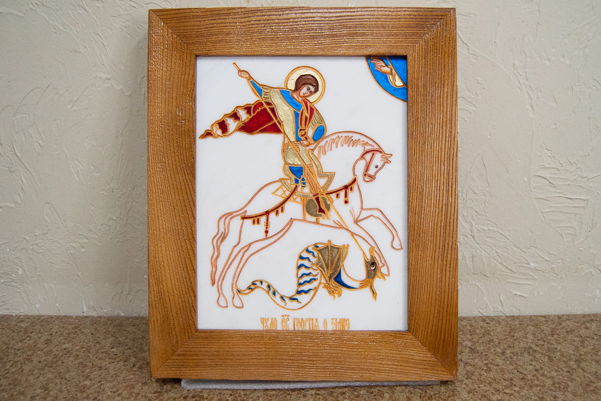 Икона Святого Георгия Победоносца № 06 из мрамора на коне, изображение, фото 1