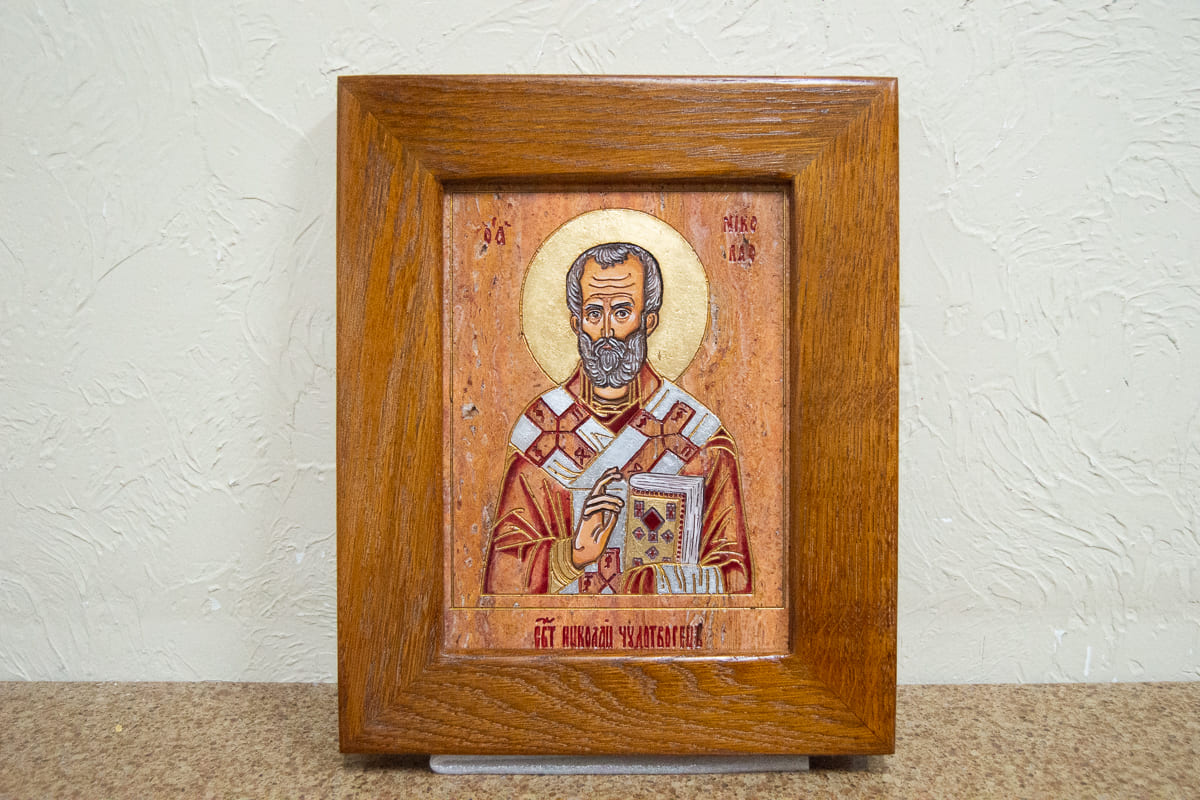  Икона Николая Угодника № 5-30 на мраморе, малая, подарочная, именная, изображение, фото 1