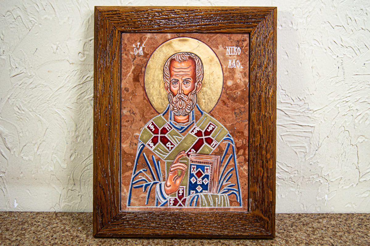 Икона Николая Угодника № 25 на мраморе, малая, подарочная, именная, изображение, фото 1